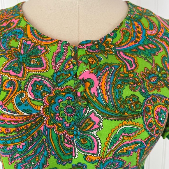 Vintage Psychedelic Colorful Paisley Maxi Dress Puff Sleeves Medium Bright Green - Picture 7 of 14
